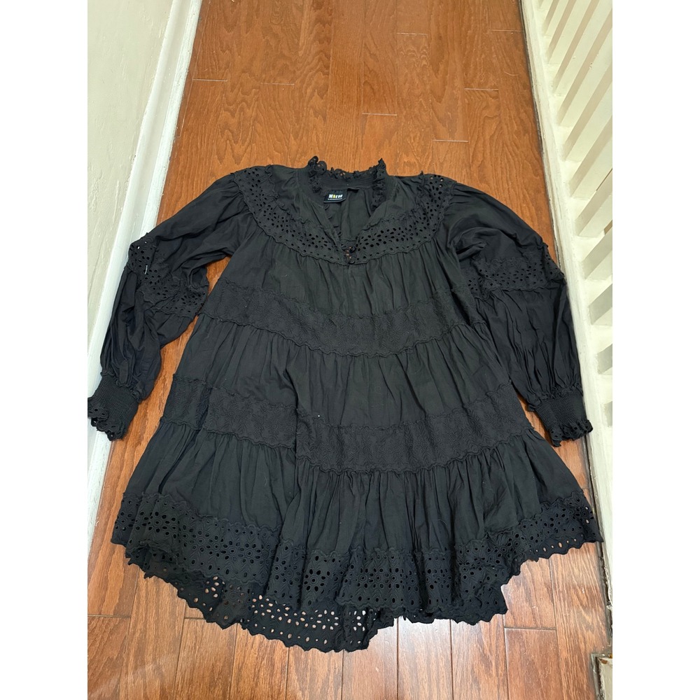 Maeve Anthropologie Black Eyelet Lace Tiered Babydoll Mini Dress XS‎ Long Sleeve